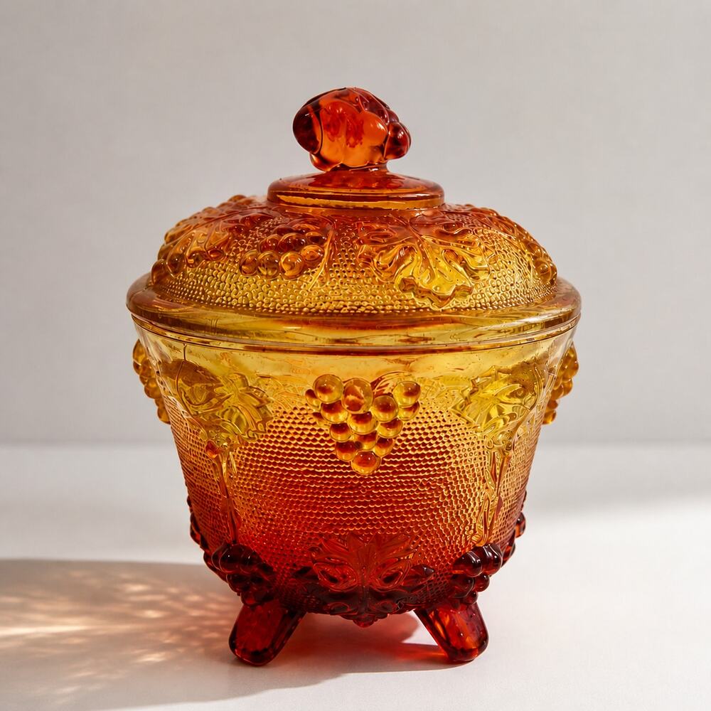 Jeannette Amberina Glass Lidded Candy Dish Footed Grape MCM 1970s